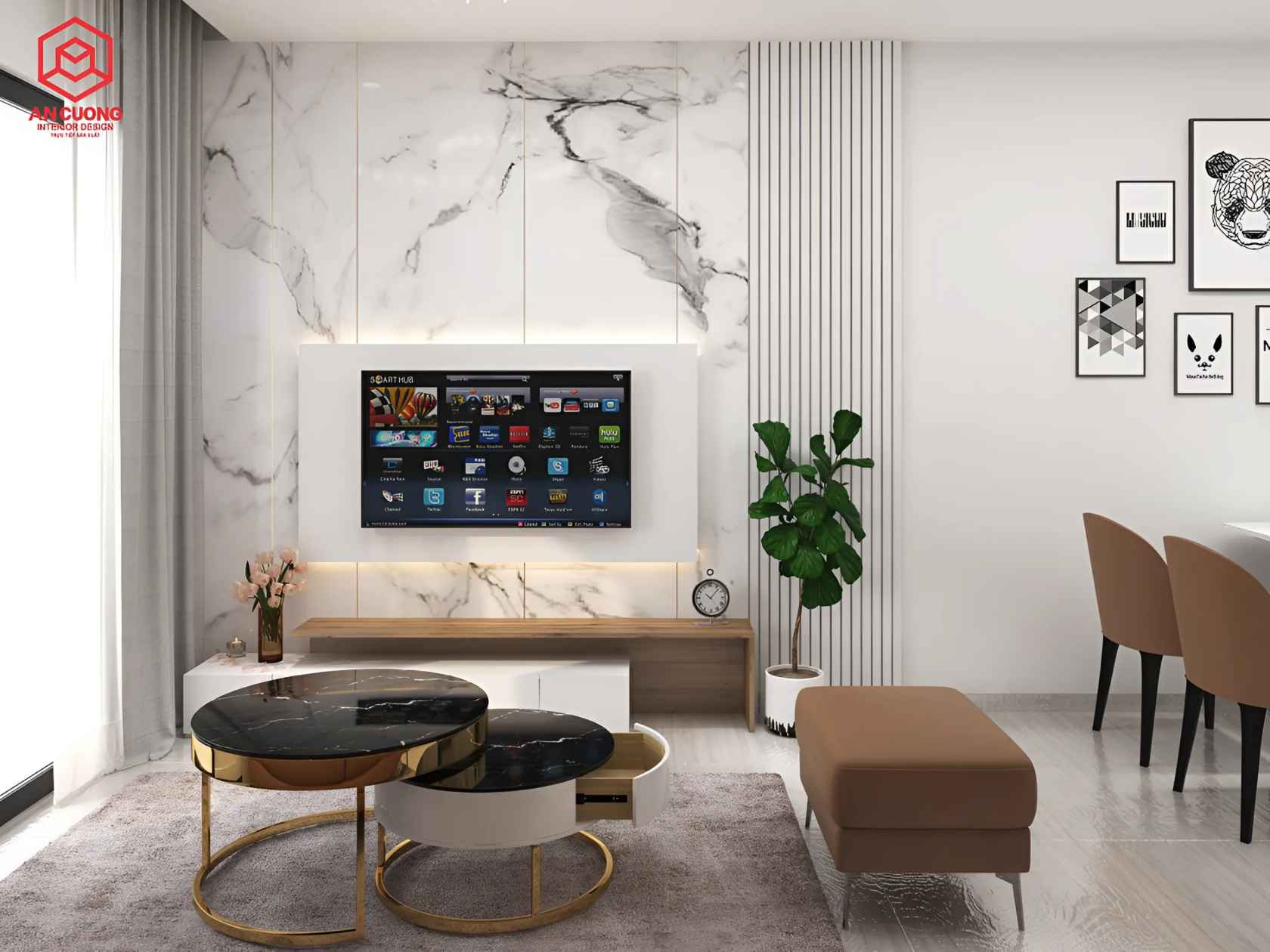Thiết kế phòng khách chung cư CT18 Việt Hưng 89m2 cho gia đình anh Nhật đẹp, sang trọng