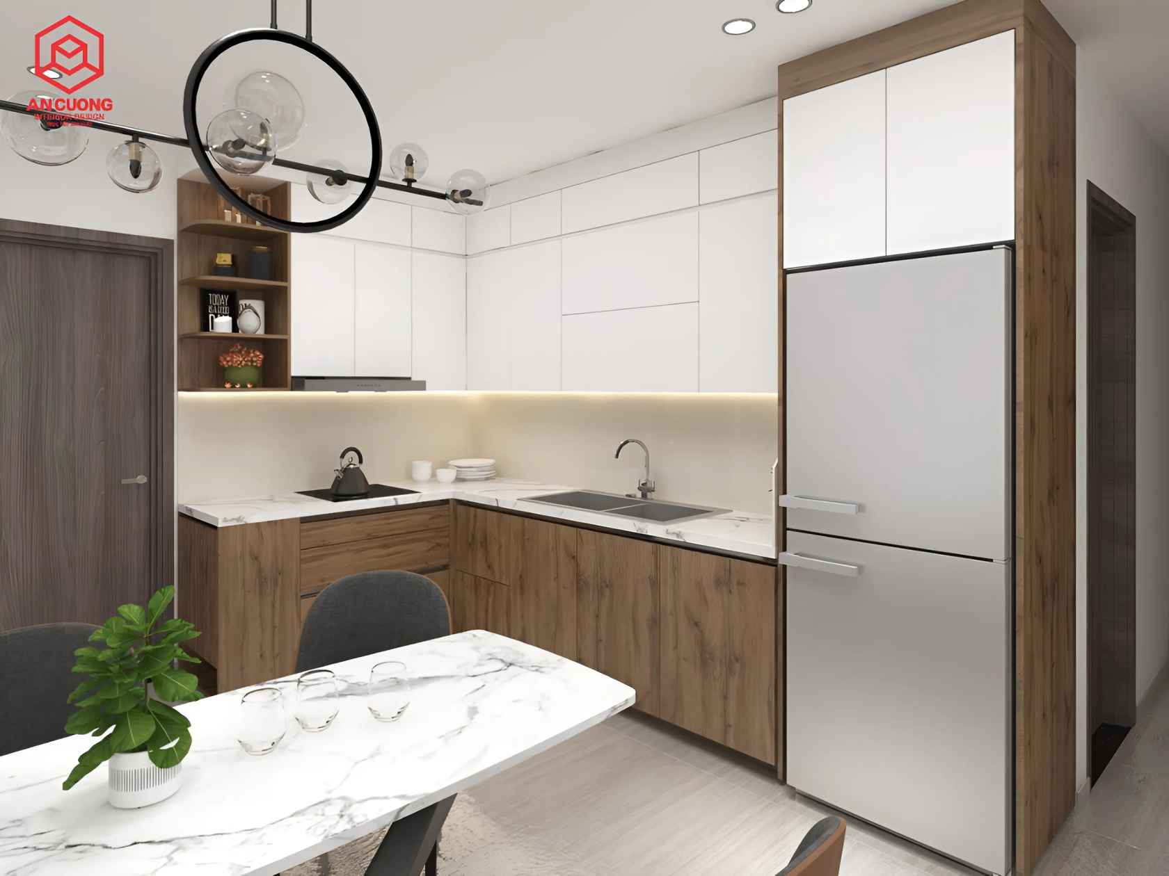Tủ bếp thiết kế cao kịch trần giúp tiết kiệm diện tích lưu trữ