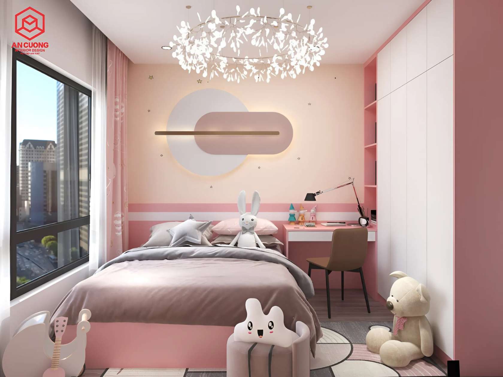 Phòng ngủ bé gái dễ thương với tone màu hồng pastel, tạo nên không gian ngọt ngào và ấm áp