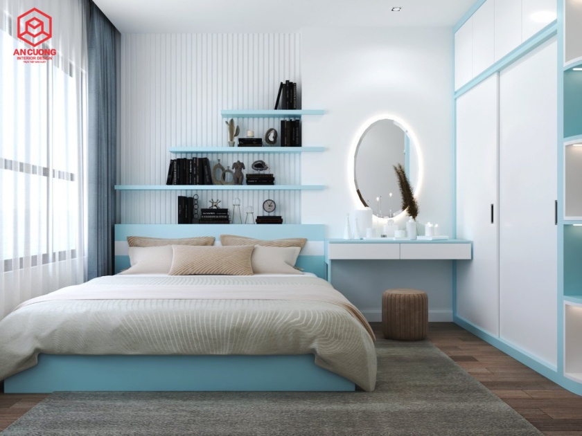 Phòng ngủ chung cư Berriver Nguyễn Văn Cừ với tông màu trắng xanh pastel nhẹ nhàng