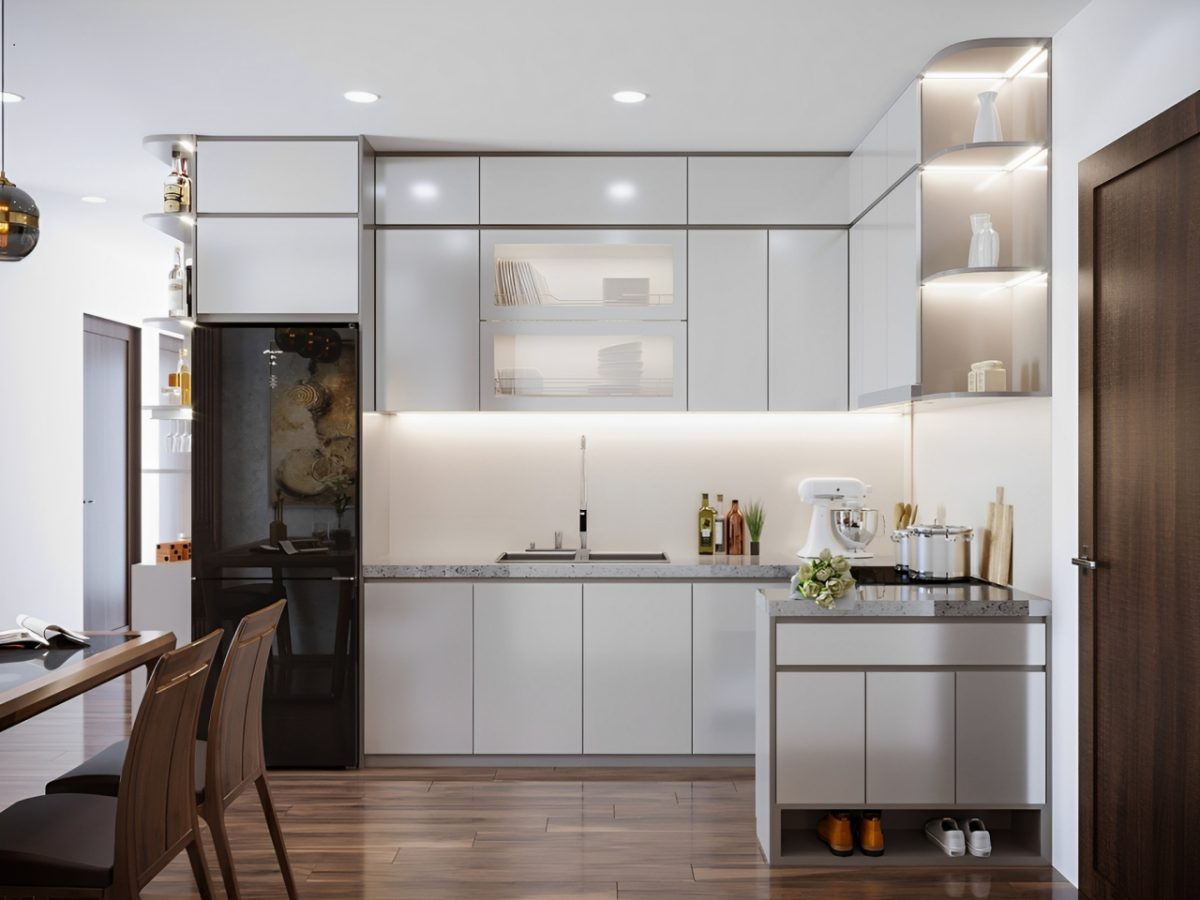 Tủ Bếp Chữ L Từ Ván Gỗ Melamine