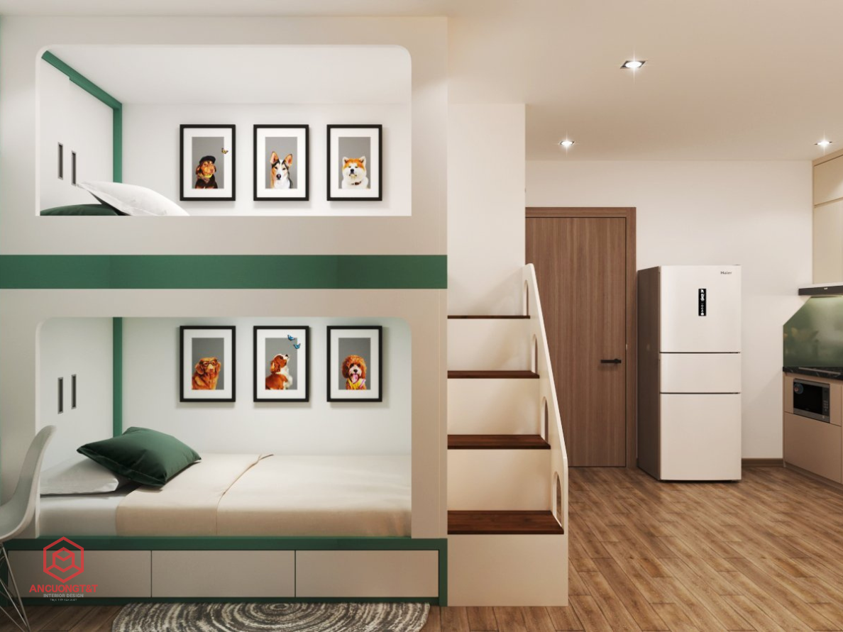 Giường Tầng Gỗ Màu Trắng Xanh Lá