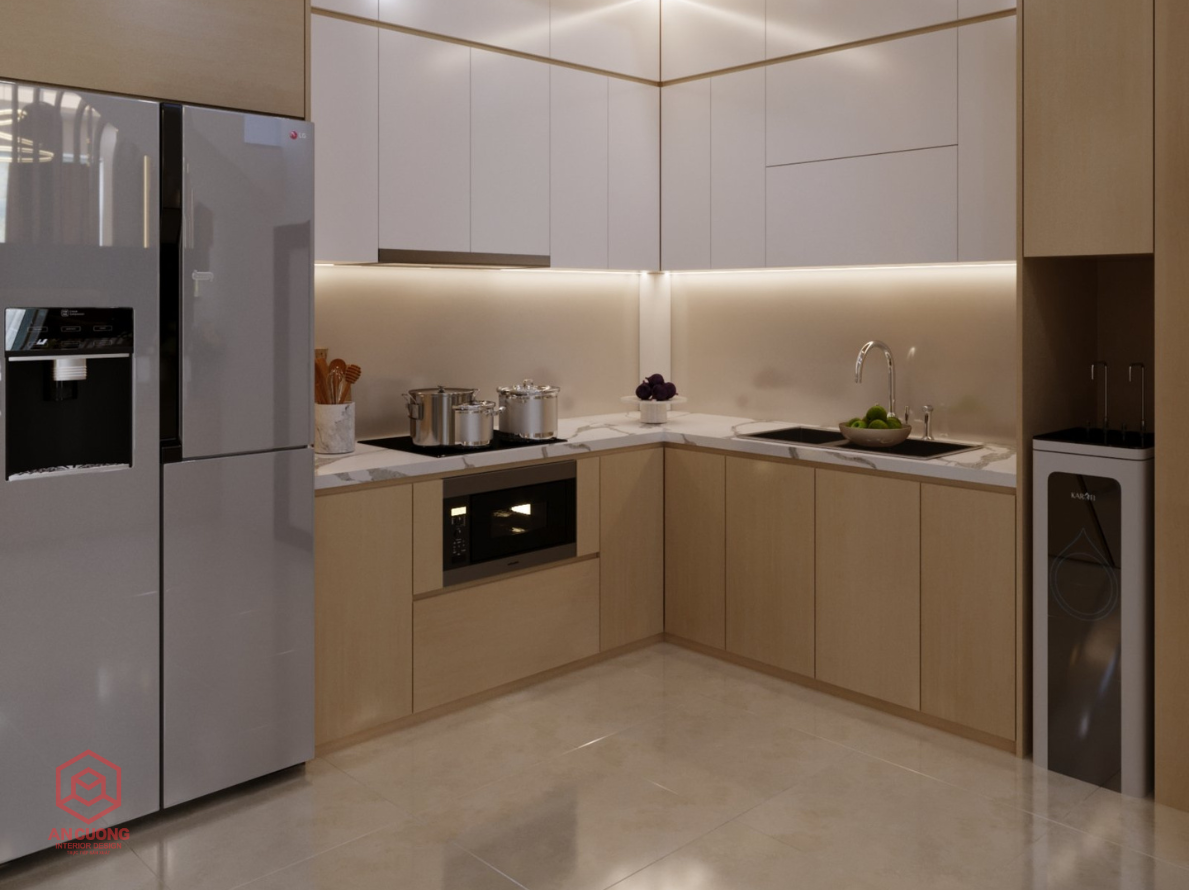 Tủ Bếp Acrylic Bóng Gương Trắng Nâu