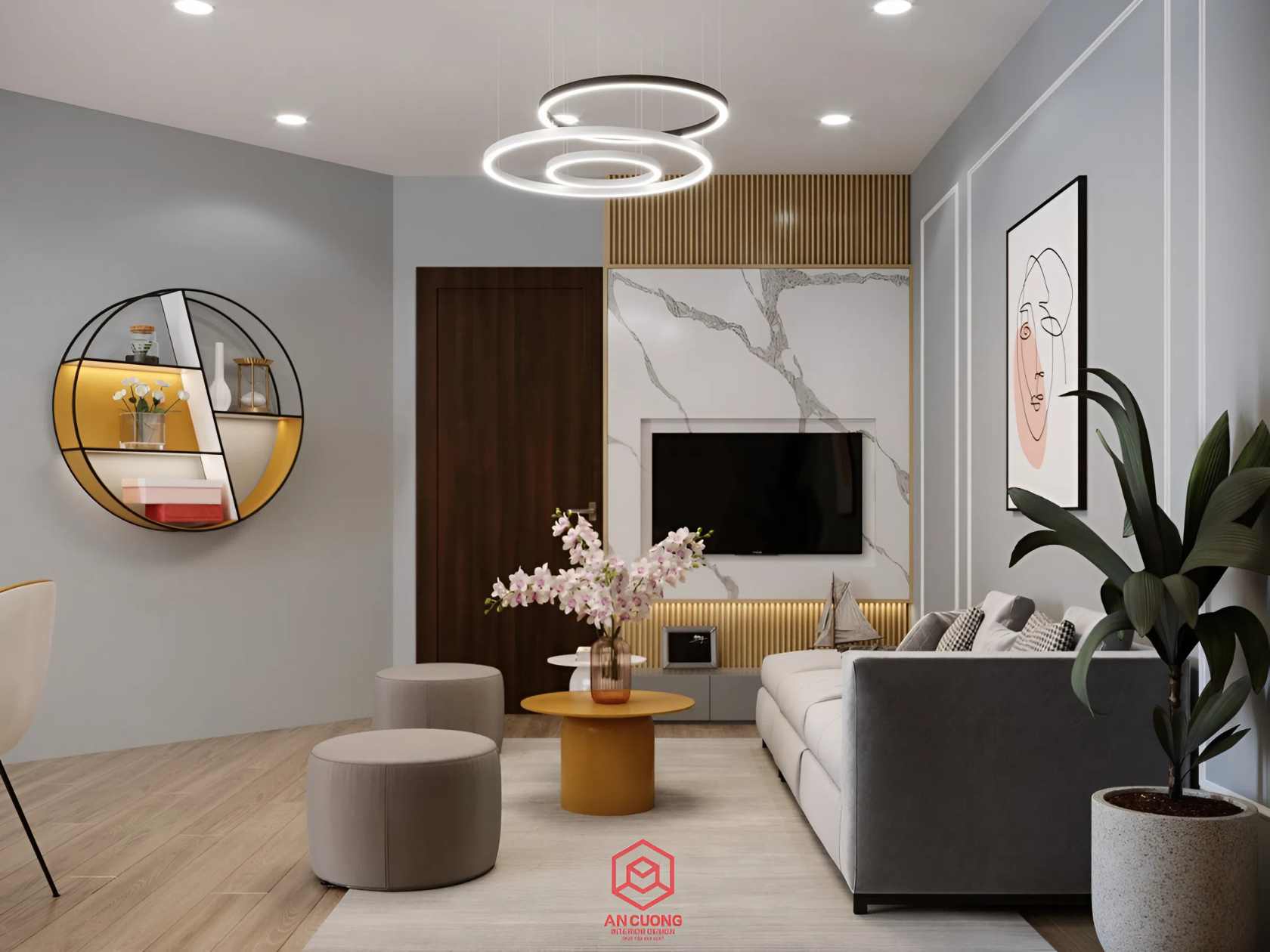 Phòng khách dự án thiết kế nội thất căn hộ 56m2 2 phòng ngủ hiện đại nhà anh Đạt 