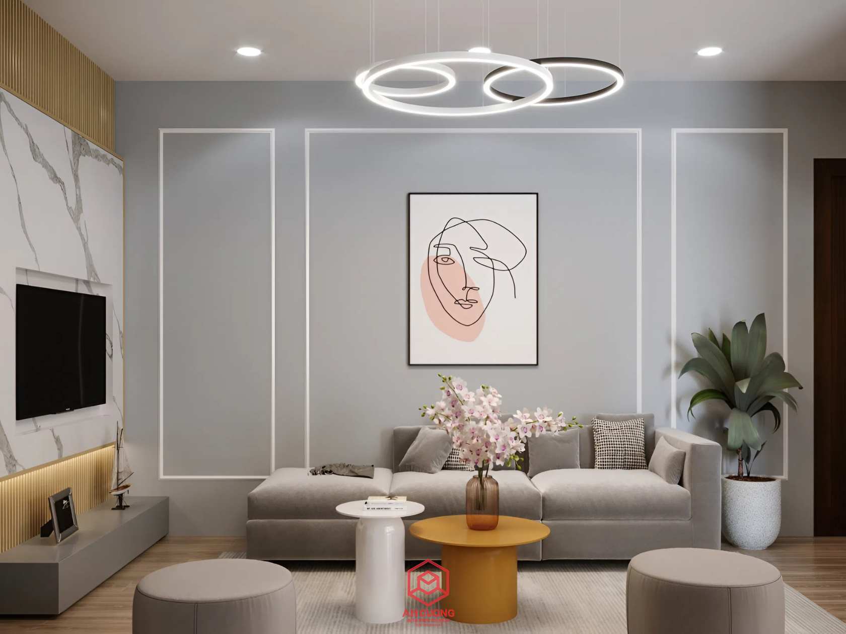 Phòng khách dự án thiết kế nội thất căn hộ 56m2 2 phòng ngủ với sofa màu ghi và bàn trà tròn