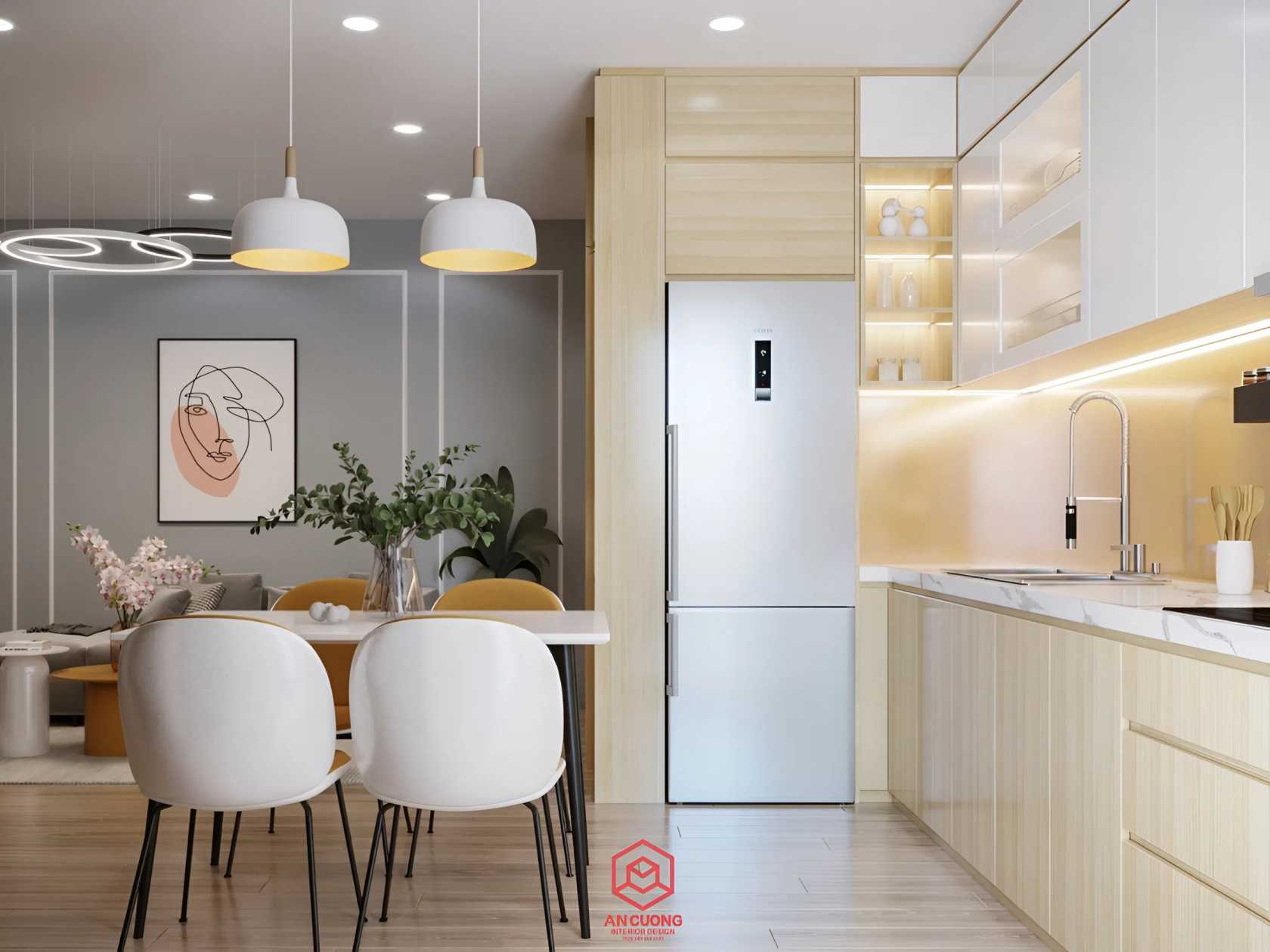 Không gian bếp chữ I căn hộ 56m2 anh Đạt với gam màu trắng sáng