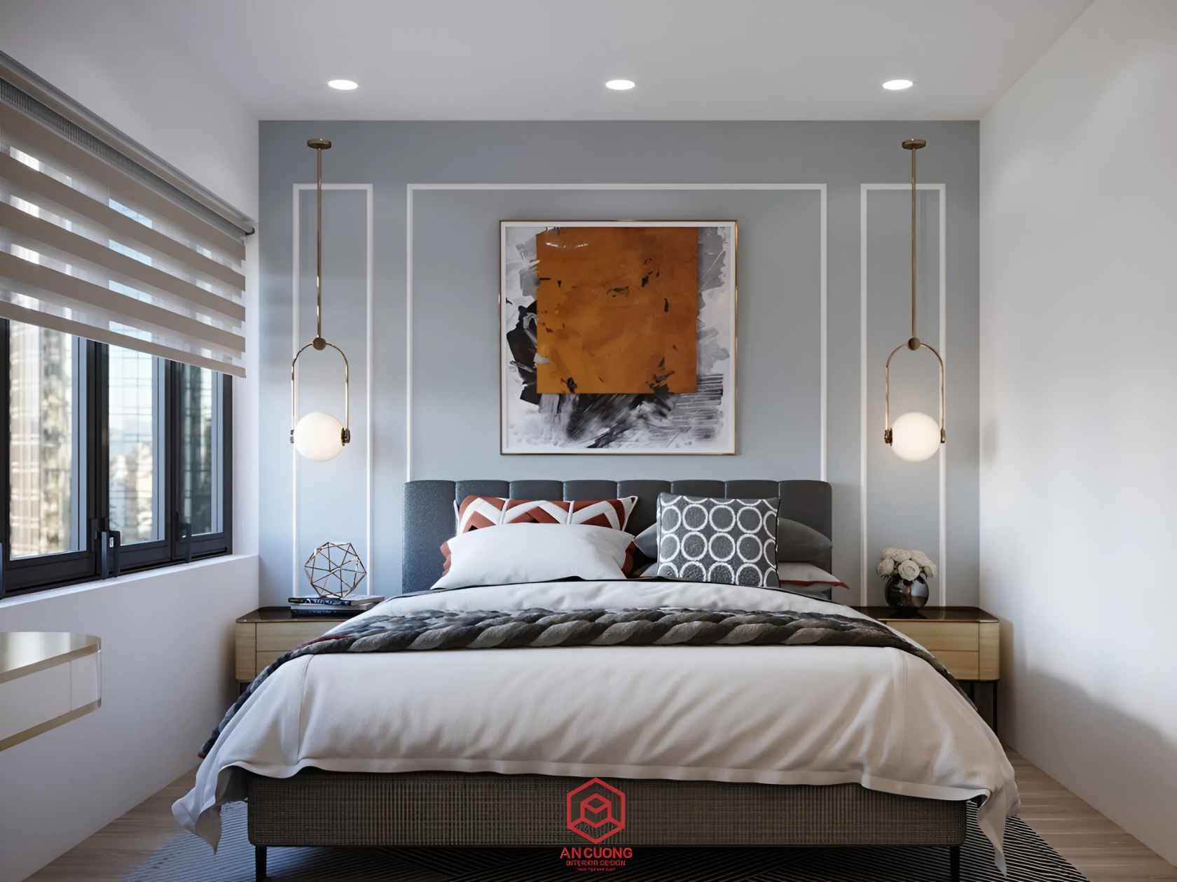 Phòng ngủ master căn hộ 56m2 với phào chỉ trắng sang trọng