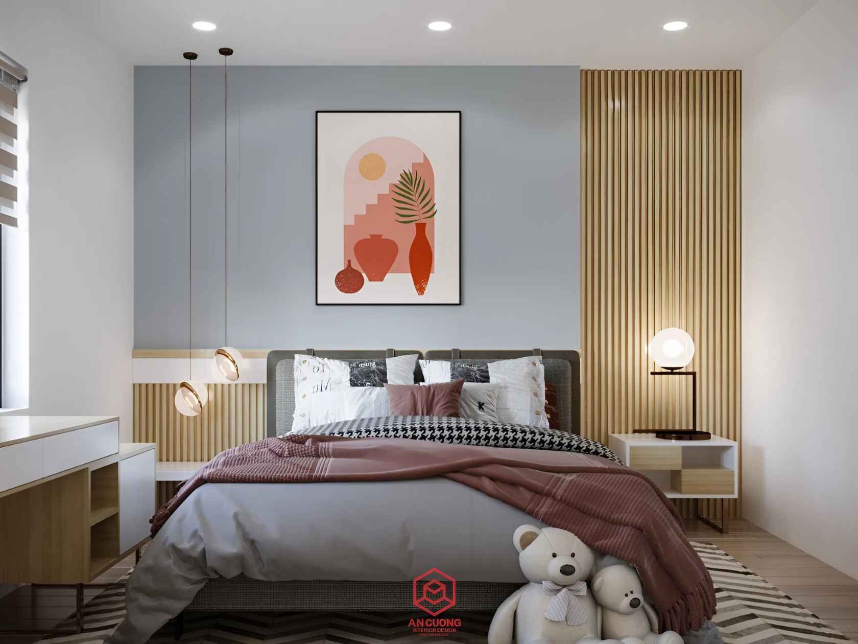 Thiết kế phòng ngủ nhỏ cho bé với bàn học cạnh cửa sổ và đồ decor dễ thương