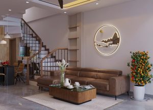 Phòng khách nhà phố Hà Đông với nội thất gỗ hiện đại