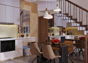 Khu vực bàn ăn liên thông phòng khách nhà phố Hà Đông