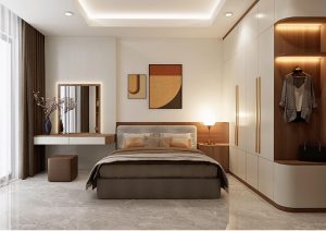 Phòng ngủ nhà phố Mậu Lương với hệ tủ kịch trần