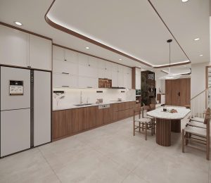 Tủ bếp trắng kết hợp gỗ do Nội thất An Cường thiết kế thi công
